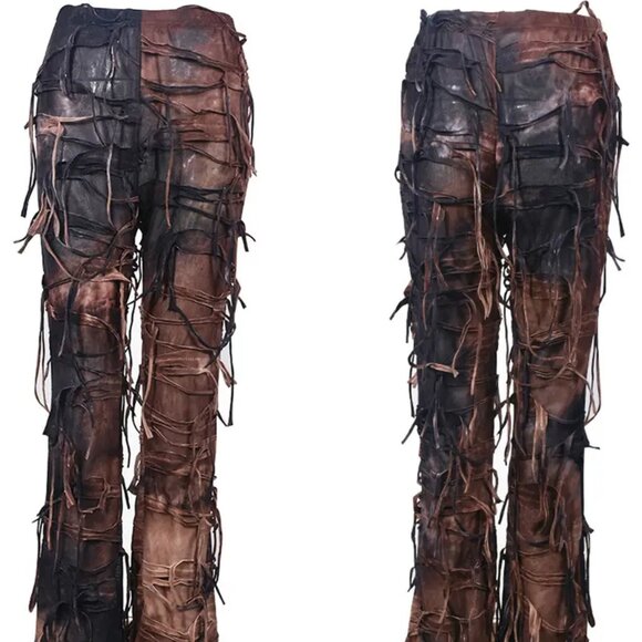 Earthy Brown Tassel Fringe Boho Grunge Leggings Pants - Picture 4 of 5